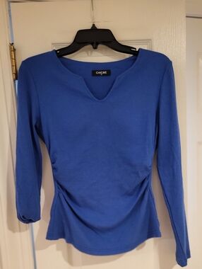 chic Royal Blue Long Sleeve Notch-Neck Top with Side Ruching Built In Bra